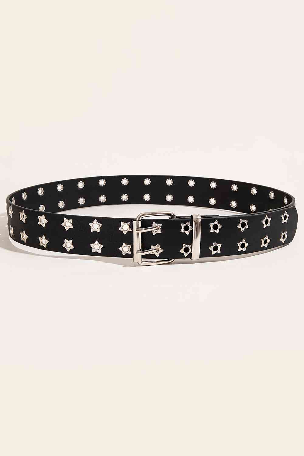 Beige Double Row Star Grommet PU Leather Belt Sentient Beauty Fashions Apparel & Accessories