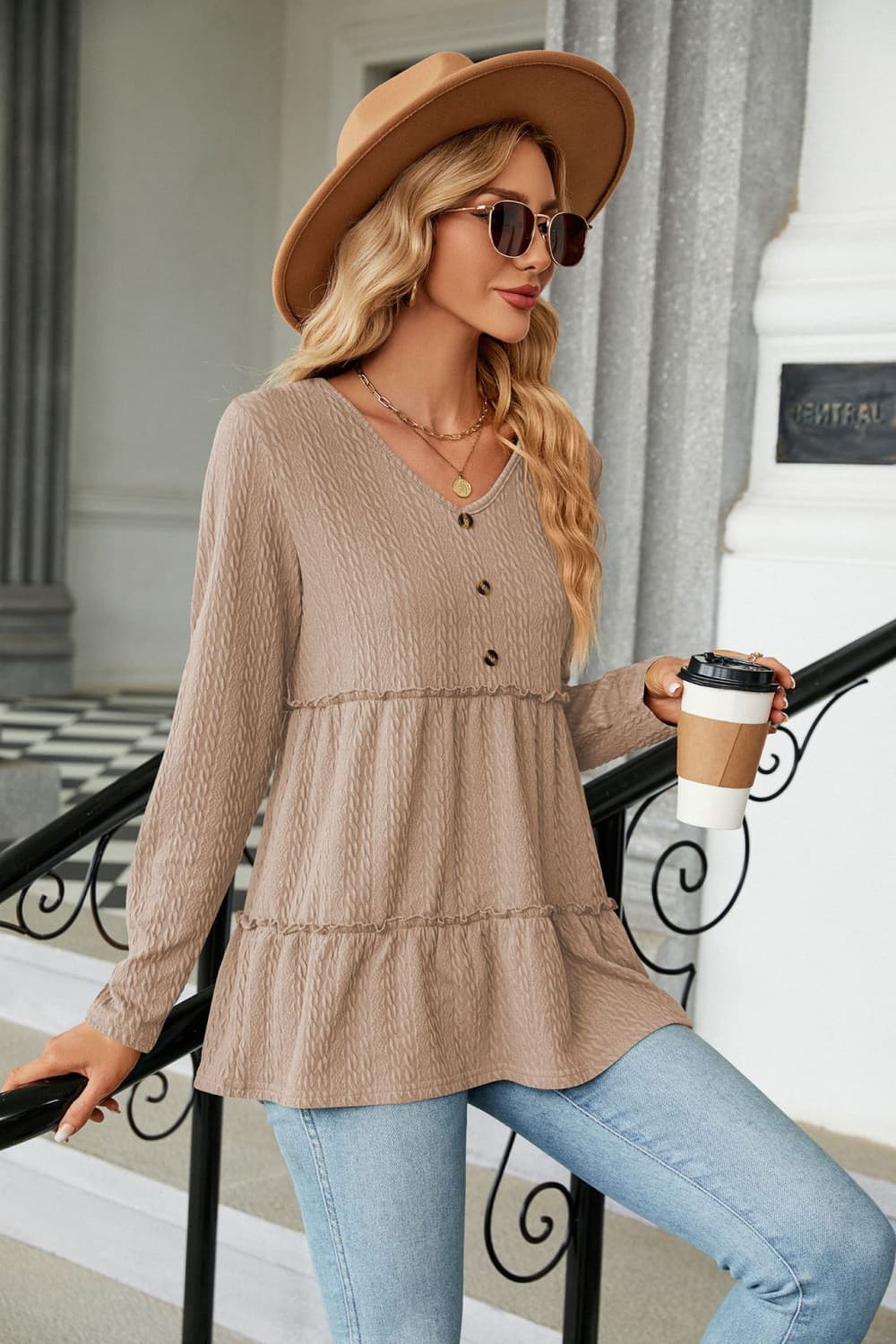 Rosy Brown Long Sleeve V-Neck Cable-Knit Blouse