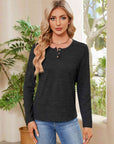 Tan Buttoned Round Neck  Long Sleeve T-Shirt