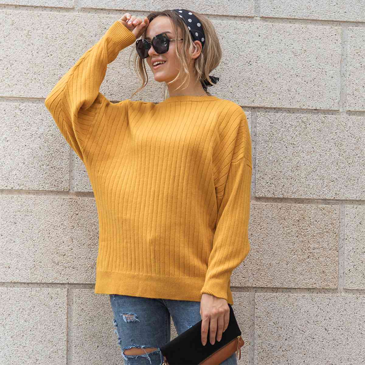 Gray Round Neck Dropped Shoulder Sweater Sentient Beauty Fashions Apparel &amp; Accessories