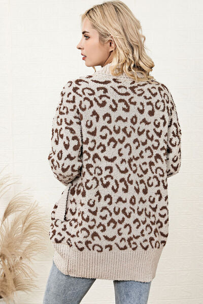 Light Gray Leopard Open Front Dropped Shoulder Cardigan Sentient Beauty Fashions Apparel &amp; Accessories