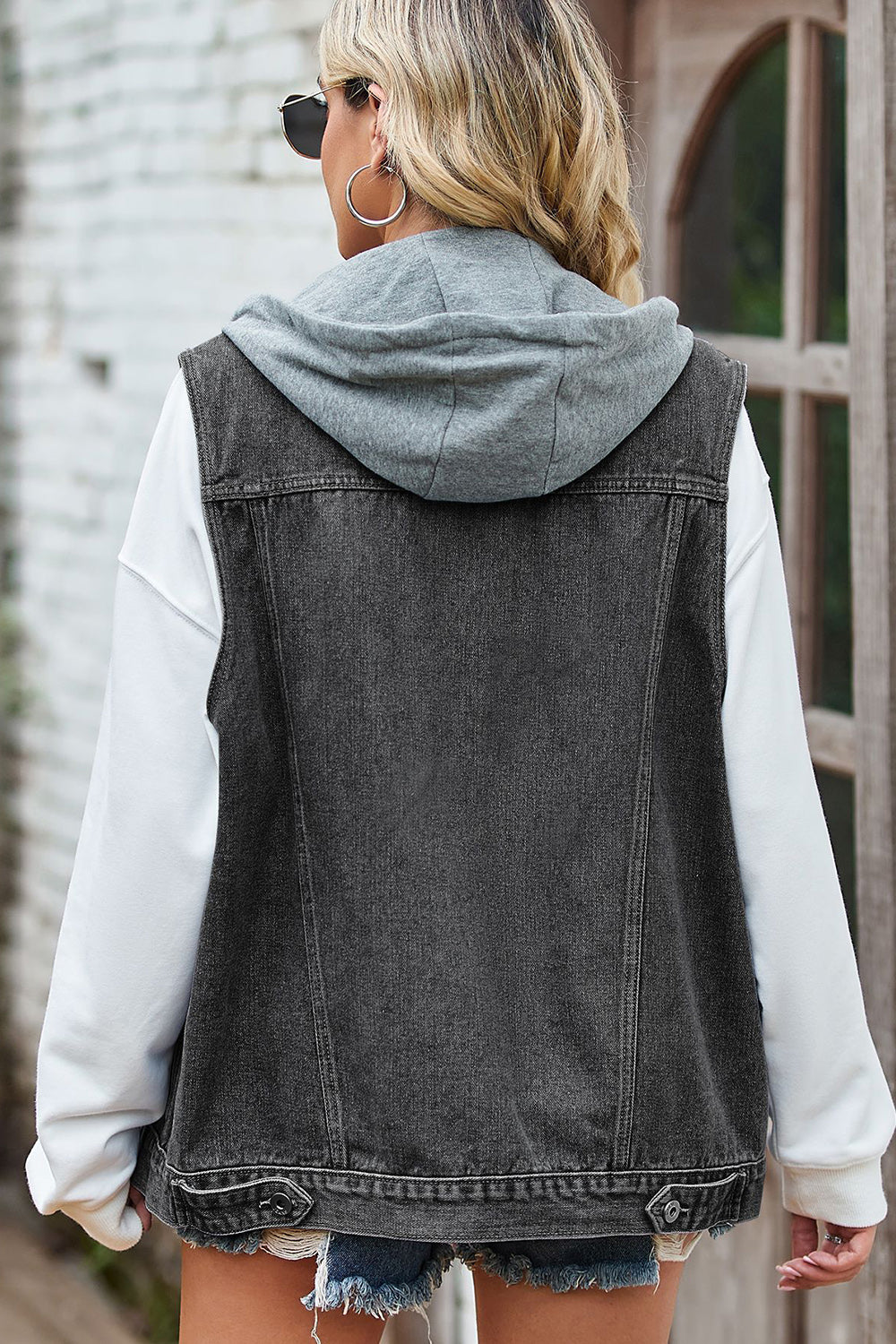 Dark Slate Gray Sleeveless Hooded Denim Jacket with Pockets Sentient Beauty Fashions Apparel &amp; Accessories