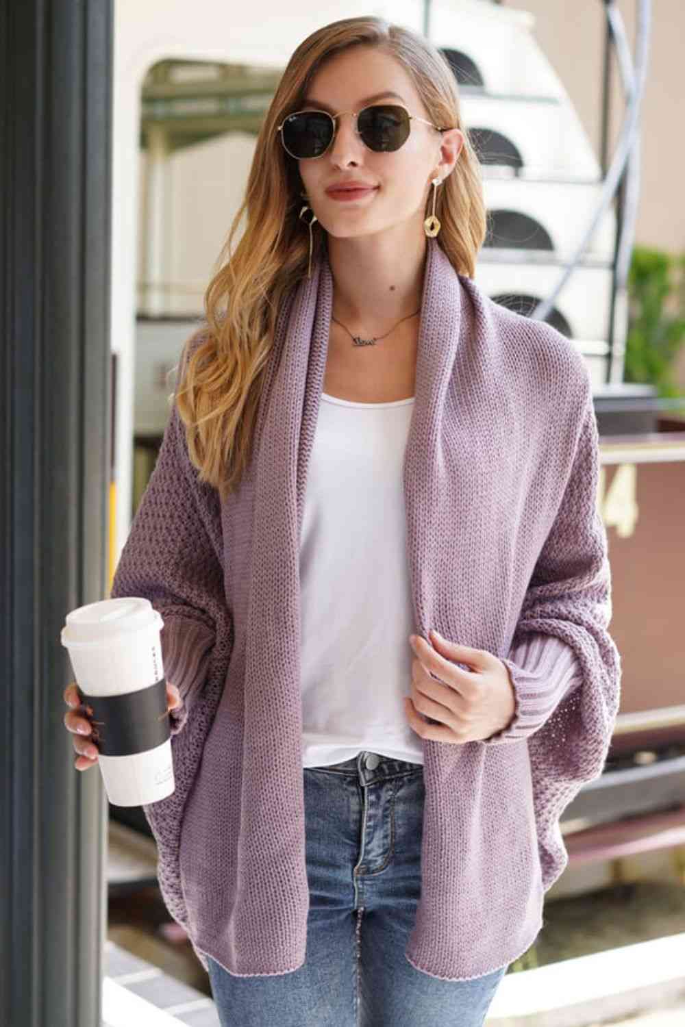 Dark Gray Double Take Dolman Sleeve Open Front Ribbed Trim Longline Cardigan Sentient Beauty Fashions Apparel &amp; Accessories