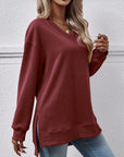 Saddle Brown V-Neck Slit Long Sleeve Sweatshirt Sentient Beauty Fashions Apparel & Accessories