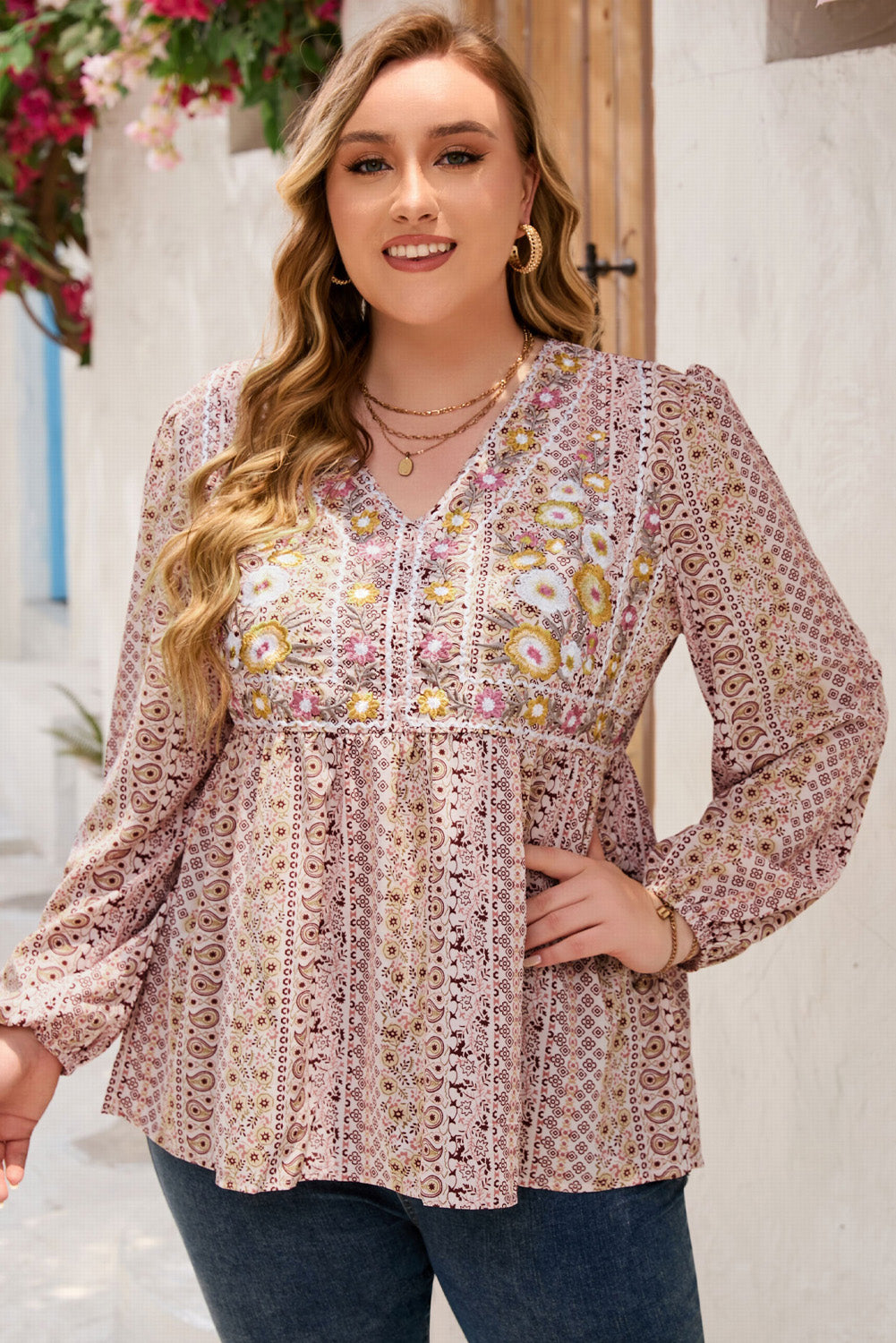Gray Plus Size V-Neck Prined Long Sleeve Blouse Sentient Beauty Fashions Apparel & Accessories