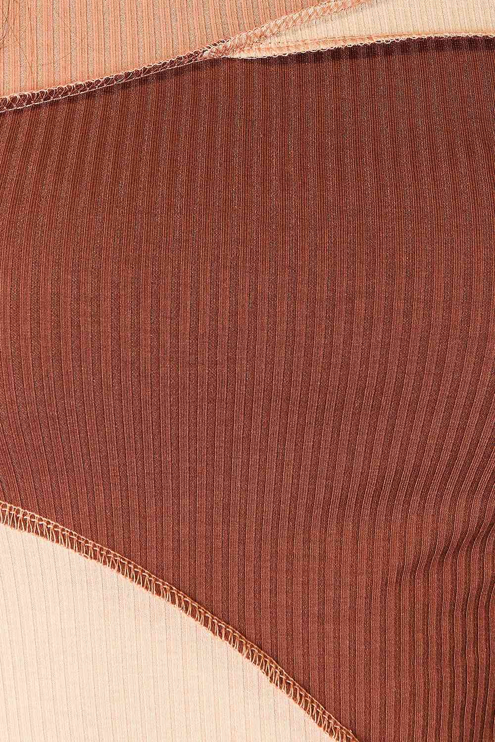 Saddle Brown Double Take Color Block Exposed Seam Long Sleeve Top