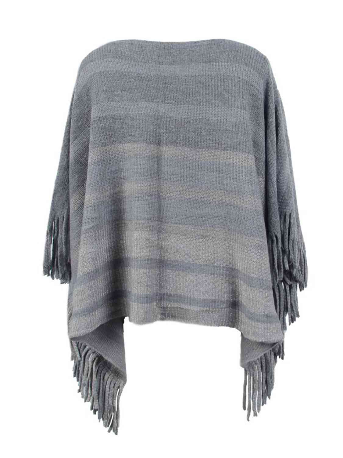 Slate Gray Striped Boat Neck Poncho with Fringes