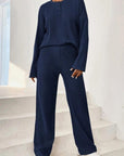 Dark Slate Gray Ribbed Half Button Top and Pants Set