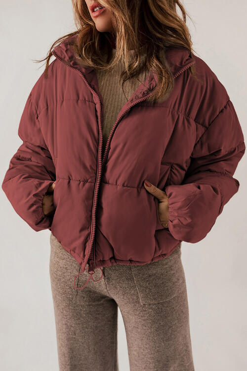 Saddle Brown Zip Up Collared Neck Long Sleeve Winter Coat