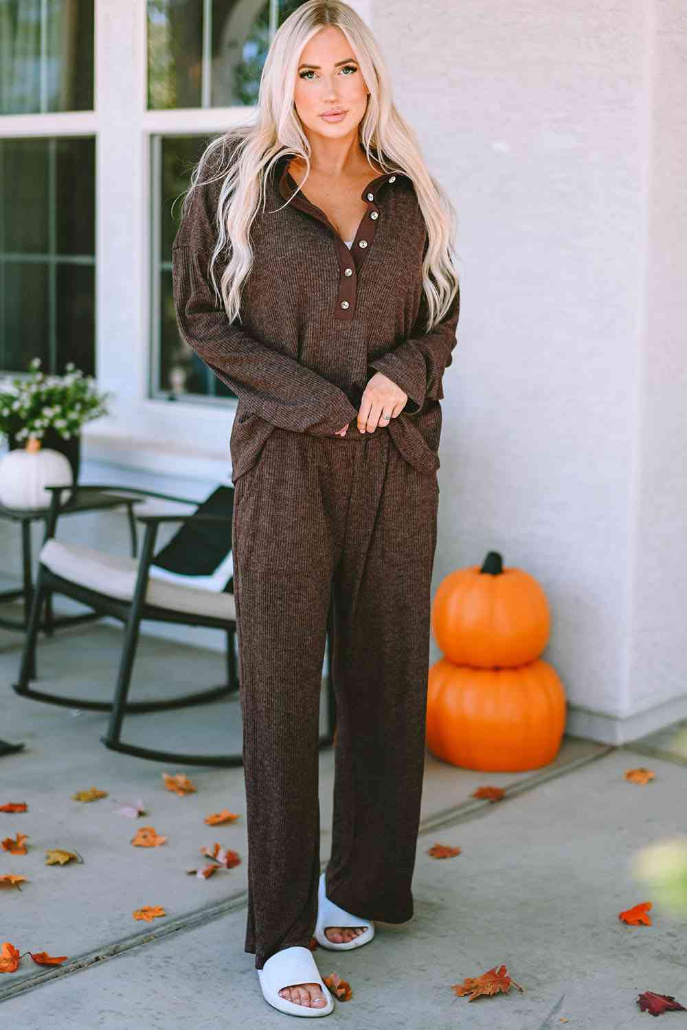 Gray Buttoned Long Sleeve Top and Long Pants Lounge Set Sentient Beauty Fashions Apparel & Accessories