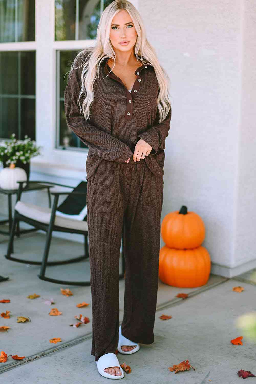 Gray Buttoned Long Sleeve Top and Long Pants Lounge Set