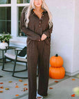 Gray Buttoned Long Sleeve Top and Long Pants Lounge Set