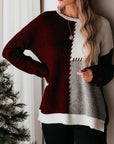 Gray Color Block Round Neck Long Sleeve Sweater Sentient Beauty Fashions Apparel & Accessories