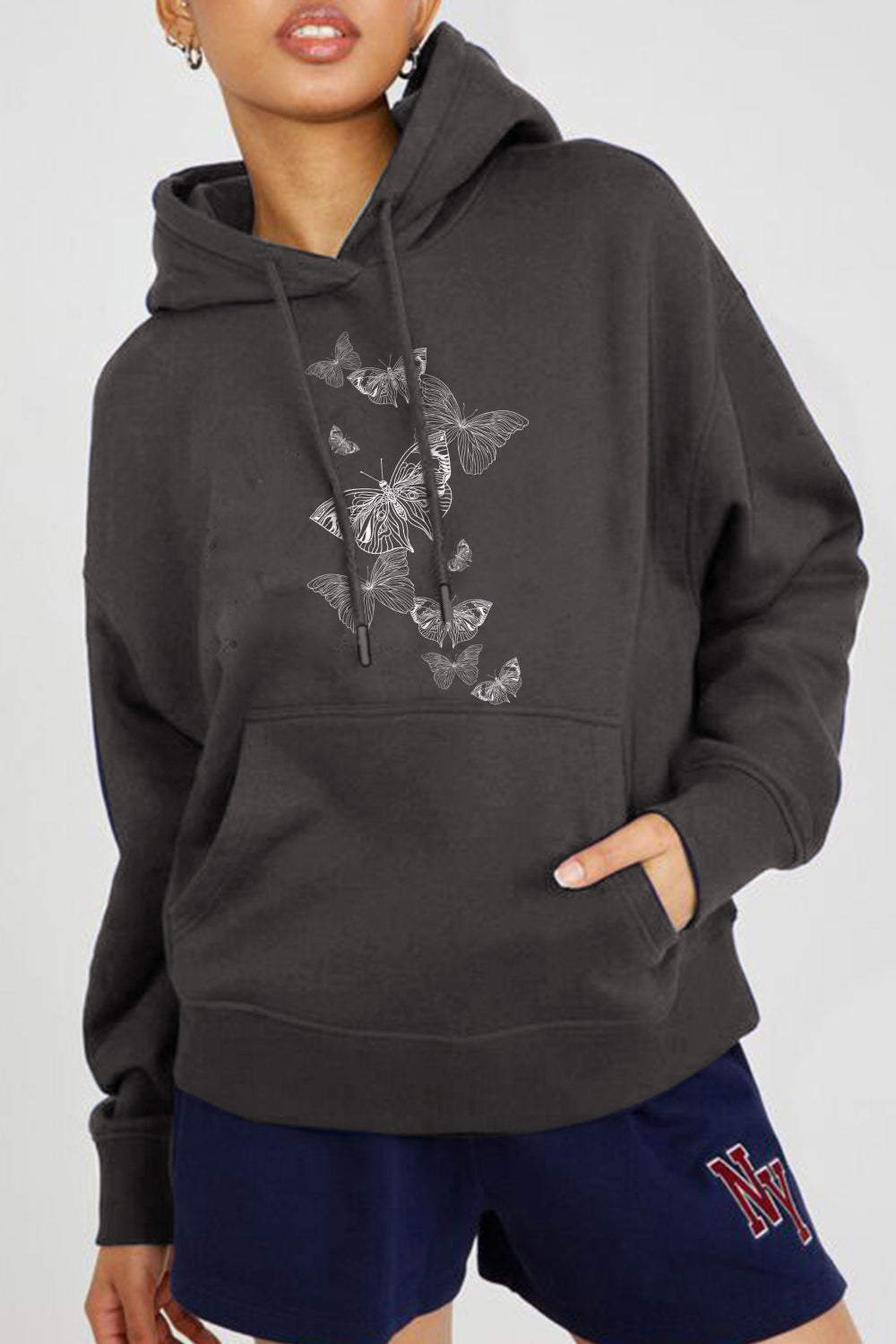 Light Gray Simply Love Full Size Dropped Shoulder Butterfly Graphic Hoodie Sentient Beauty Fashions Apparel &amp; Accessories