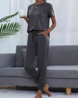 Dark Slate Gray Round Neck Short Sleeve Top and Pants Set Sentient Beauty Fashions Apparel & Accessories