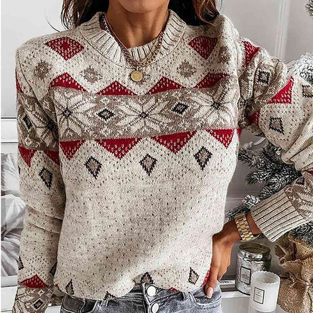 Gray Snowflake Round Neck Sweater