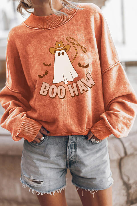 Rosy Brown BOO HAW Ghost Graphic Dropped Shoulder Round Neck Sweatshirt Sentient Beauty Fashions Apparel & Accessories