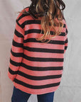 Dark Gray Striped Round Neck Long Sleeve Sweater