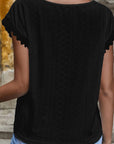 Black V-Neck Eyelet Short Sleeve Top