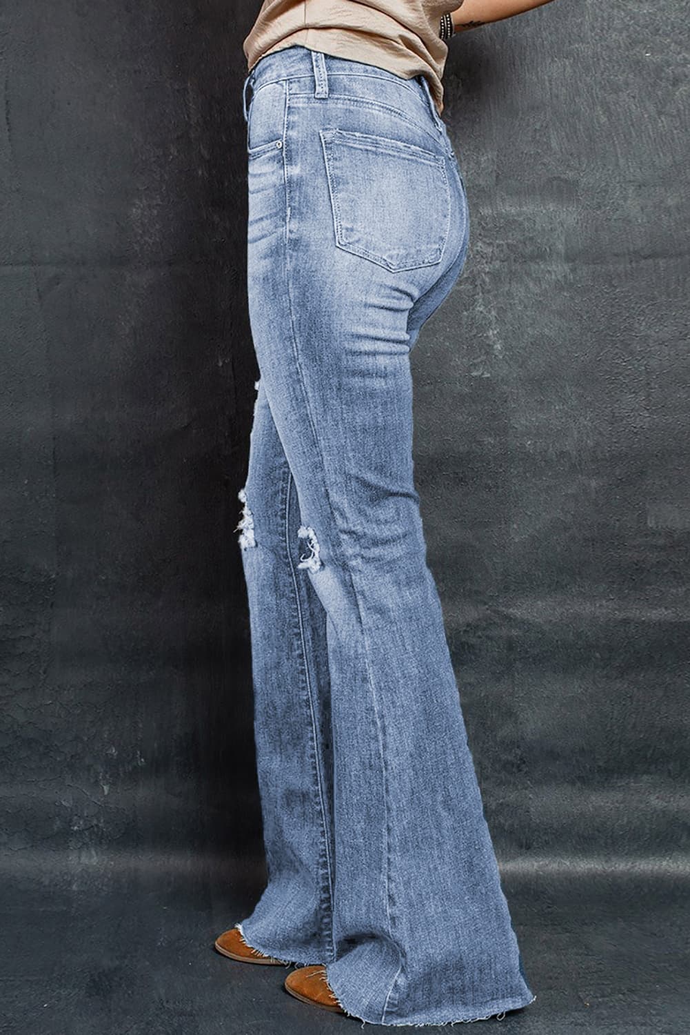 Dark Slate Gray Distressed Raw Hem Flare Jeans Sentient Beauty Fashions denim
