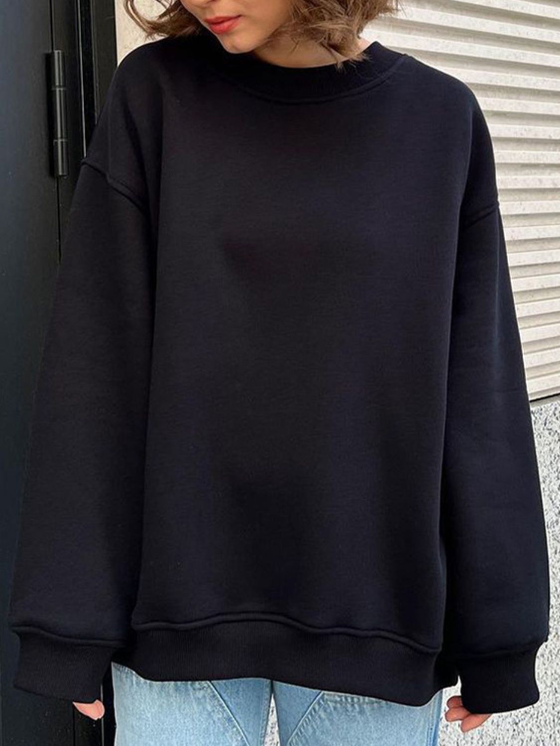 Black Oversize Round Neck Dropped Shoulder Sweatshirt Sentient Beauty Fashions Apparel &amp; Accessories