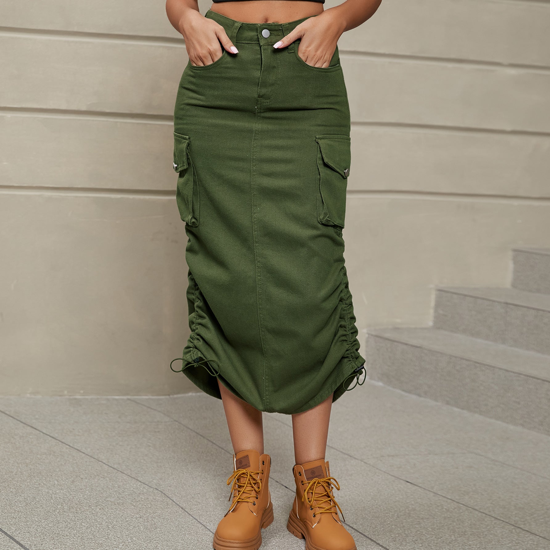 Rosy Brown Drawstring Ruched Slit Denim Midi Skirt Sentient Beauty Fashions Dresses