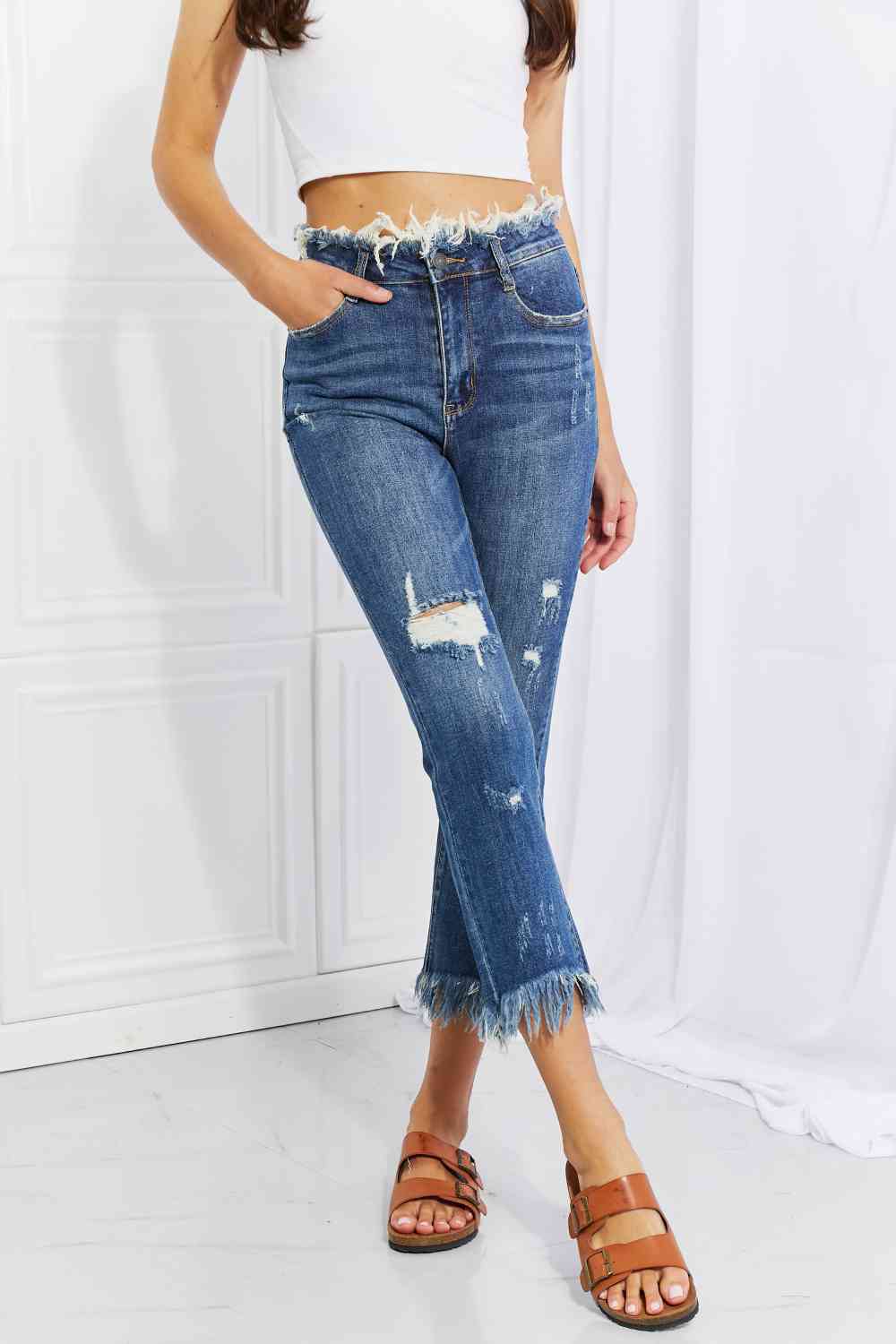 Light Gray RISEN Full Size Undone Chic Straight Leg Jeans Sentient Beauty Fashions Apparel & Accessories