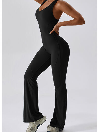 Black Cutout Wide Strap Bootcut Active Jumpsuit Sentient Beauty Fashions Apparel &amp; Accessories