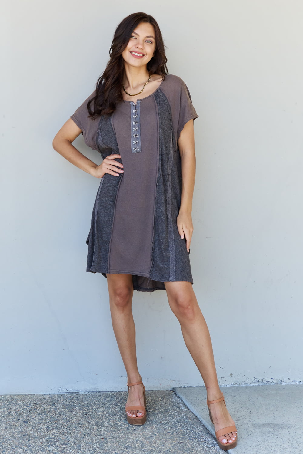 Gray POL All Day Comfort Front Hook Contrast T-Shirt Dress in Mocha
