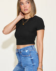 Dark Slate Gray Basic Bae Full Size Ribbed Round Neck Short Sleeve T-Shirt Sentient Beauty Fashions Apparel & Accessories