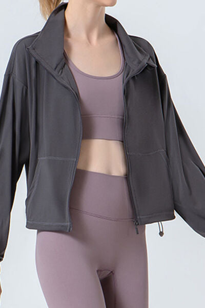Dim Gray Drawstring Zip Up Dropped Shoulder Active Outerwear Sentient Beauty Fashions Apparel & Accessories