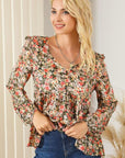 Gray Floral V-Neck Babydoll Blouse