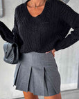 Gray V-Neck Cable-Knit Long Sleeve Sweater