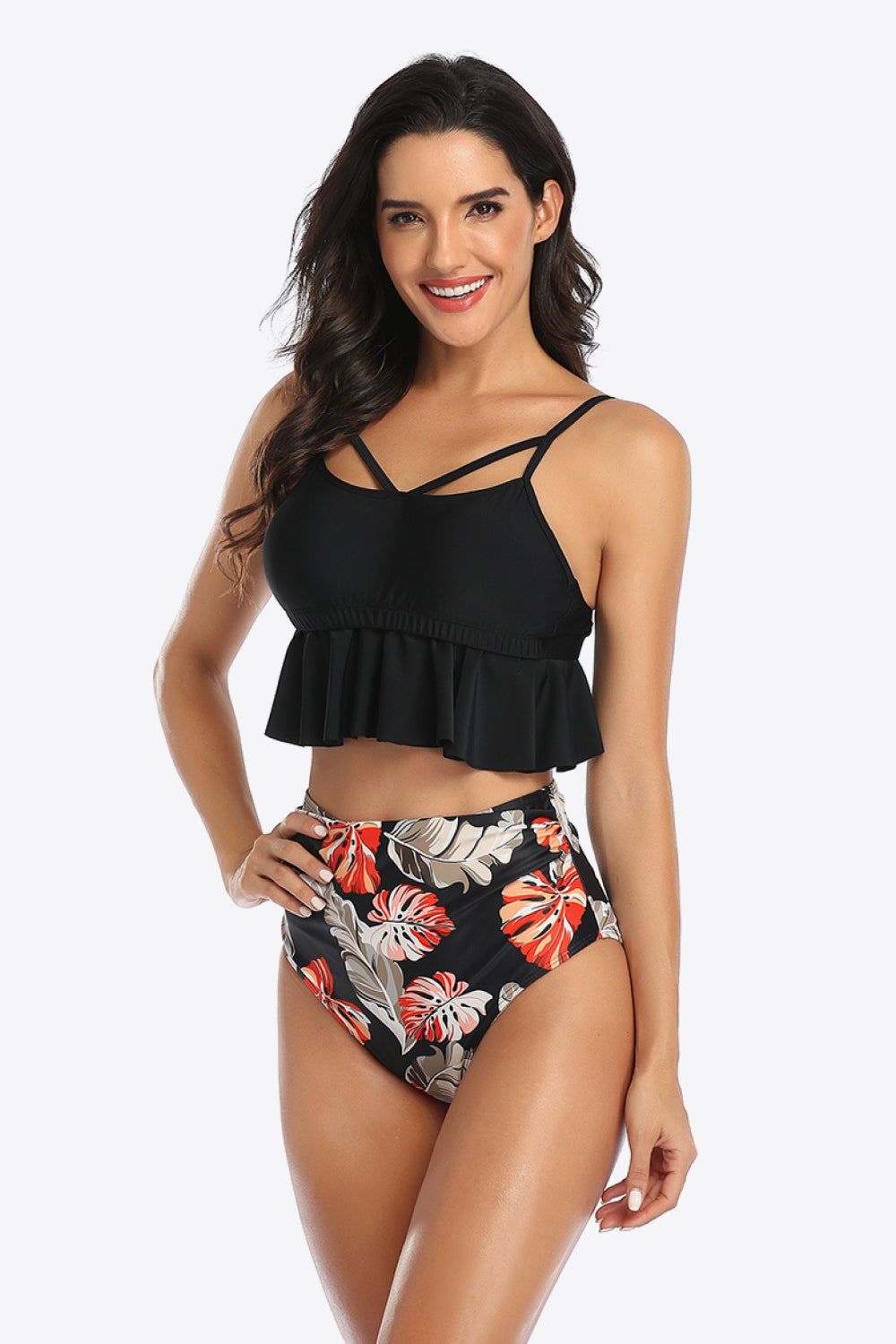 Black Tropical Print Ruffled Two-Piece Swimsuit