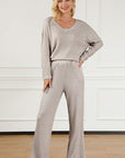 Light Gray Ribbed V-Neck Top and Pants Lounge Set Sentient Beauty Fashions Apparel & Accessories