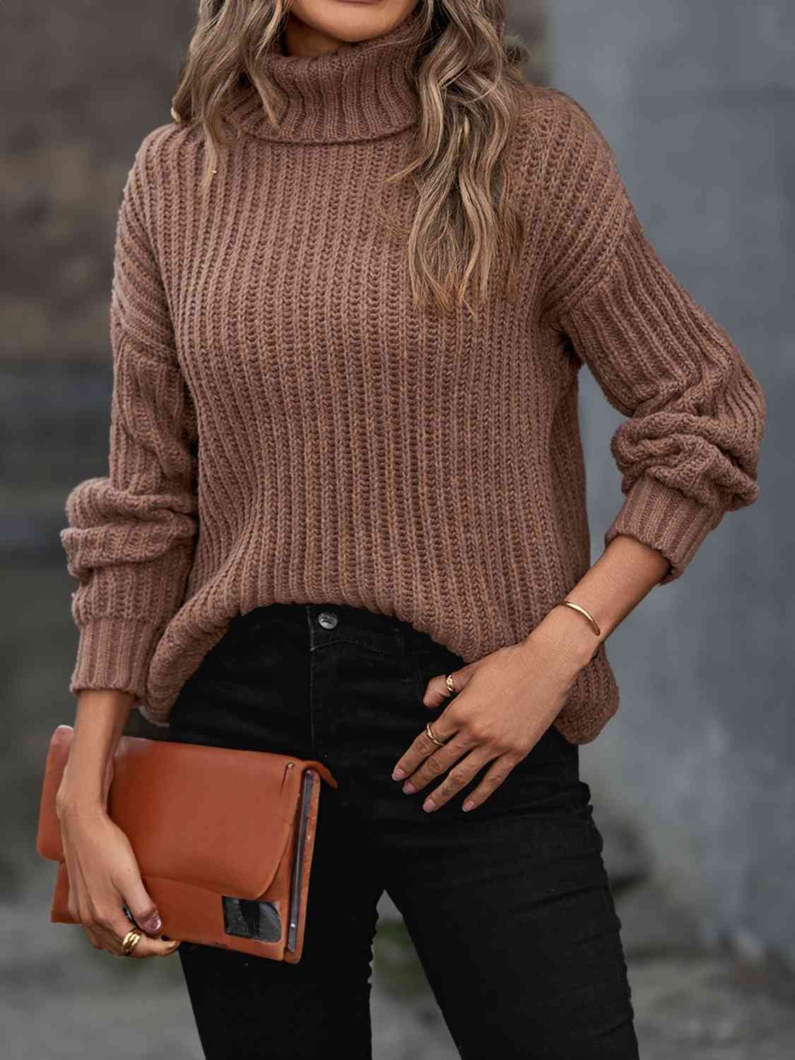 Dim Gray Turtleneck Rib-Knit Sweater Sentient Beauty Fashions Apparel & Accessories