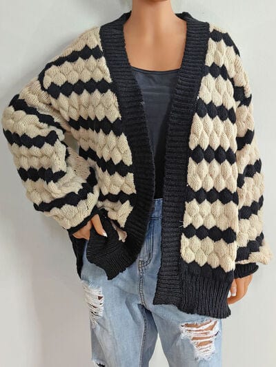 Gray Striped Contrast Open Front Long Sleeve Cardigan