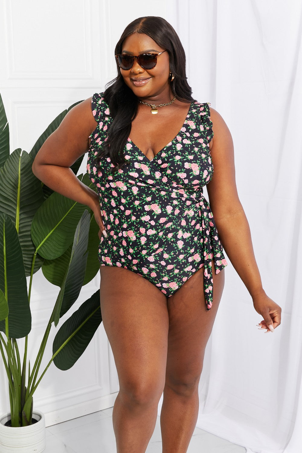 Dark Slate Gray Marina West Swim Full Size Float On Ruffle Faux Wrap One-Piece in Floral Sentient Beauty Fashions Apparel &amp; Accessories