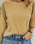 Dark Khaki Round Neck Smocked Long Sleeve Blouse Sentient Beauty Fashions Apparel & Accessories