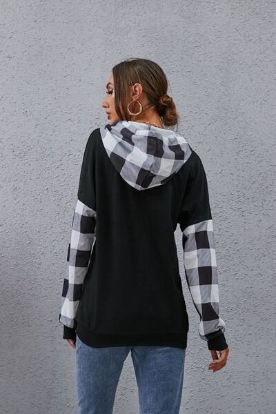 Dark Gray Plaid Drawstring Dropped Shoulder Hoodie Sentient Beauty Fashions Apparel &amp; Accessories