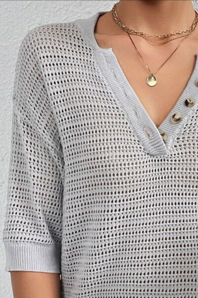 Gray Openwork Half Button Dropped Shoulder Knit Top Sentient Beauty Fashions Apparel &amp; Accessories