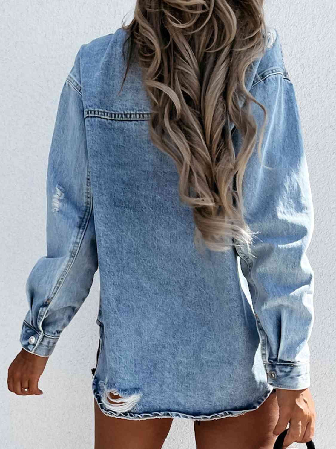 Slate Gray Distressed Snap Down Denim Jacket Sentient Beauty Fashions Apparel & Accessories