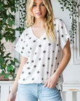 Light Gray Heimish Full Size Star Print Short Sleeve V-Neck Waffle Knit T-Shirt Sentient Beauty Fashions Apparel & Accessories