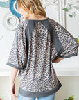 Light Gray Heimish Full Size Leopard Contrast V-Neck Half Sleeve T-Shirt