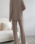 Gray Ribbed V-Neck Top and Pants Set