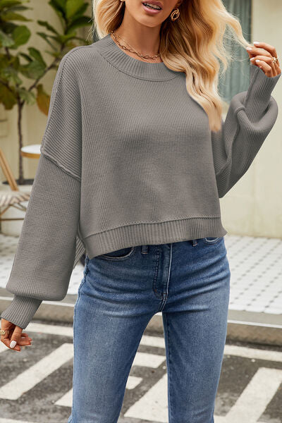 Dim Gray Round Neck Dropped Shoulder Sweater Sentient Beauty Fashions Apparel &amp; Accessories