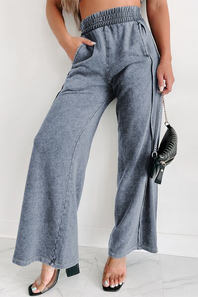 Light Gray Elastic Waist Wide Leg Pants with Pockets Sentient Beauty Fashions Apparel & Accessories