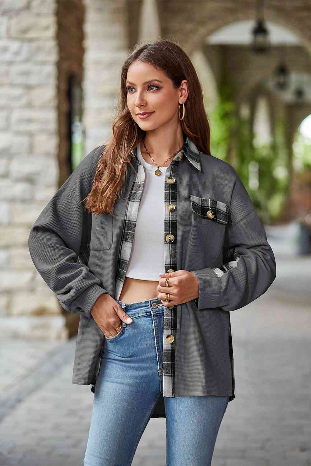 Light Slate Gray Plaid Collared Dropped Shoulder Jacket Sentient Beauty Fashions Apparel &amp; Accessories