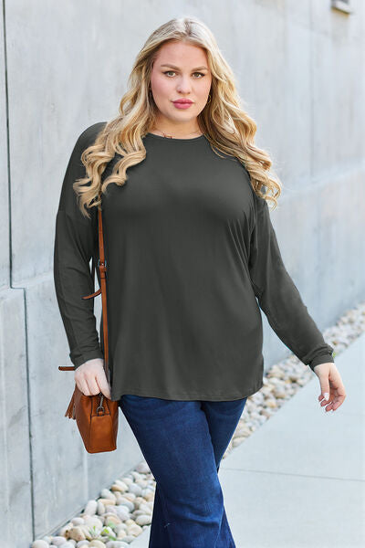 Dark Slate Gray Basic Bae Full Size Round Neck Dropped Shoulder T-Shirt Sentient Beauty Fashions Apparel &amp; Accessories