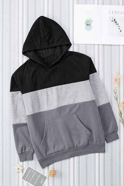Light Gray Color Block Dropped Shoulder Hoodie Sentient Beauty Fashions Apparel & Accessories
